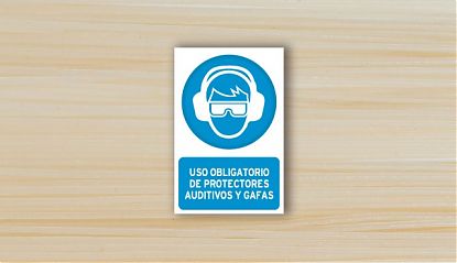  Adhesivo uso obligatorio de protectores auditivos y gafas - Señales de seguridad en el trabajo 08136