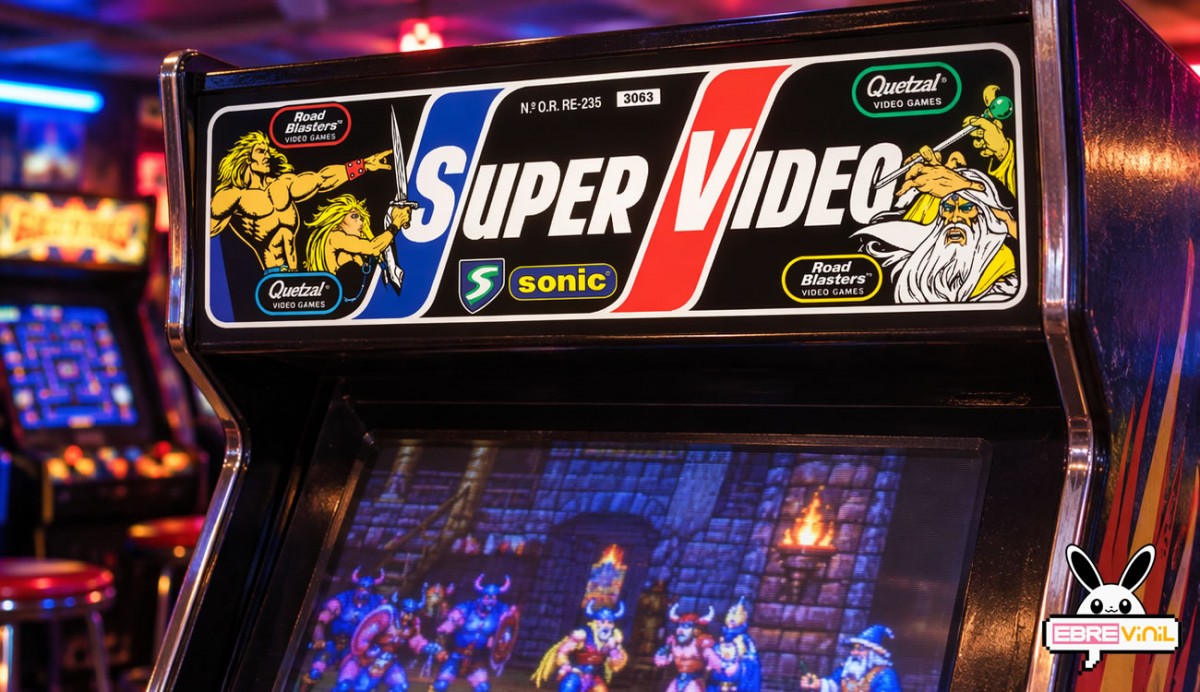 Primer plano del acabado y la calidad de impresión del vinilo Gauntlet, mostrando la definición de los colores y los detalles del diseño arcade