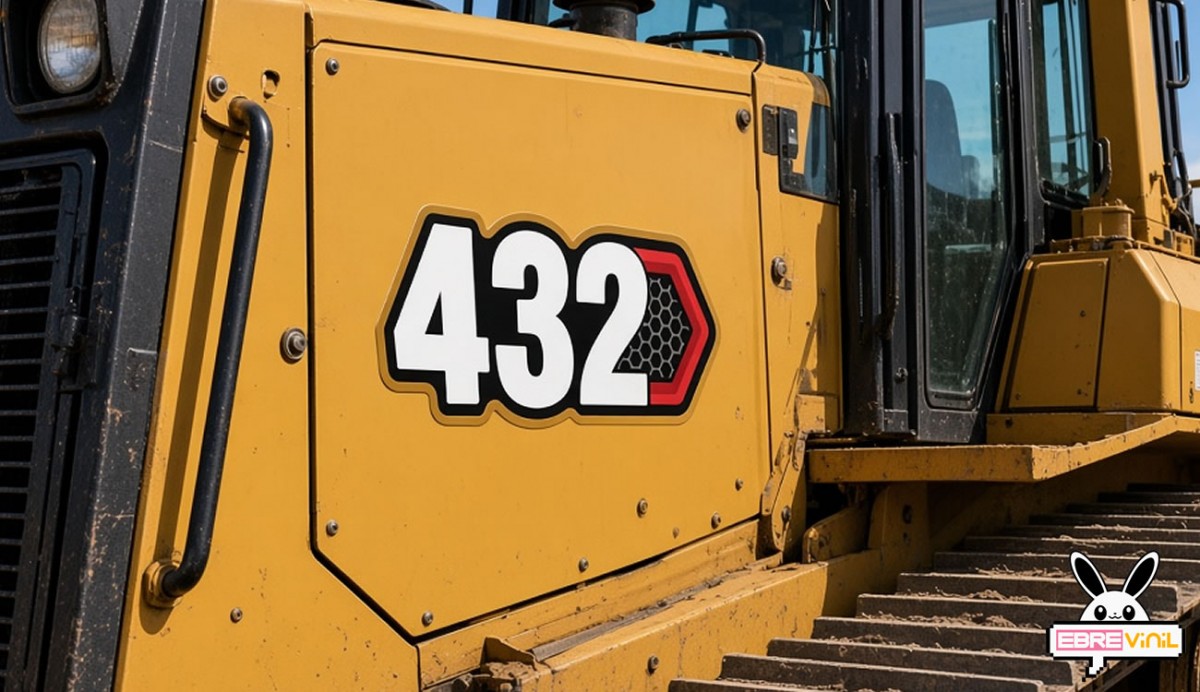 Adhesivo modelo 432 aplicado en lateral de retroexcavadora Caterpillar en entorno de obra
