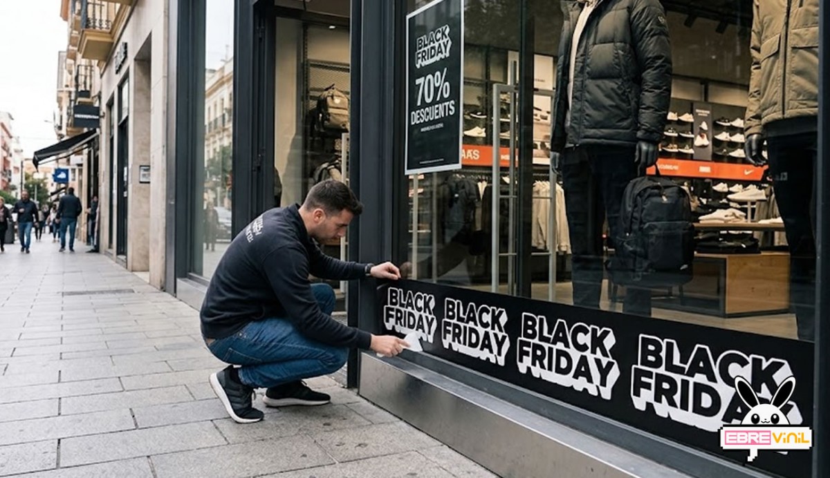 Adhesivo noviembre black friday en cristal de comercio