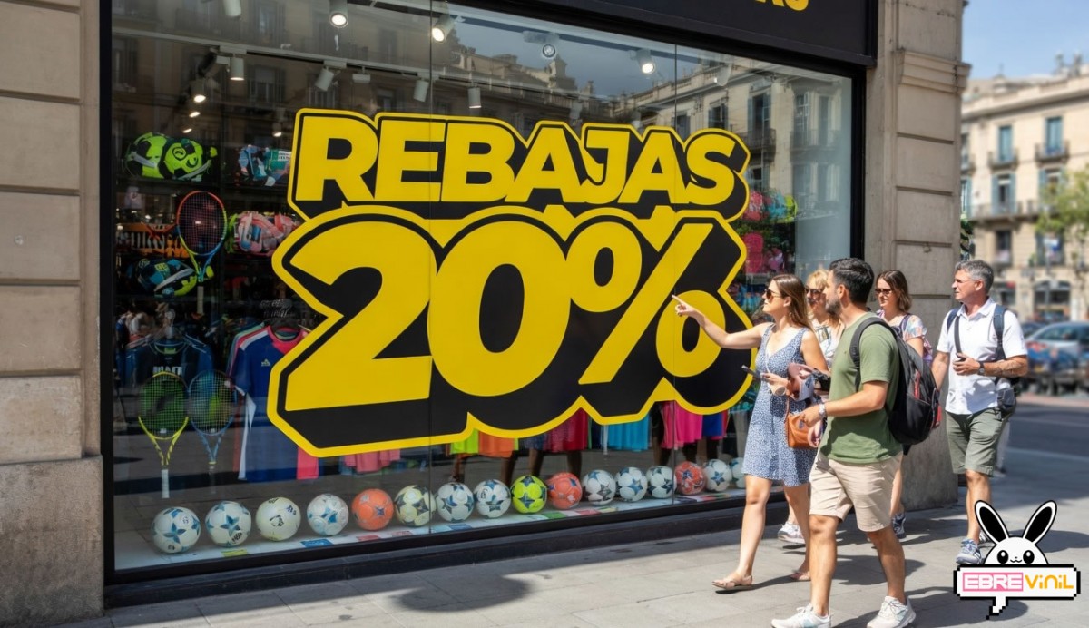 Cartel de vinilo para escaparate de tienda de deportes con descuento configurable del 10% al 70%