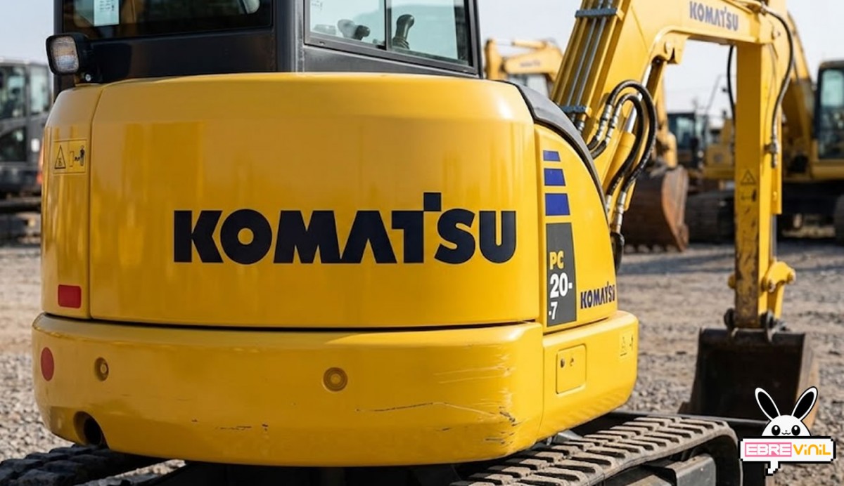 Decal logo Komatsu en vinilo de corte sobre puerta lateral de miniexcavadora