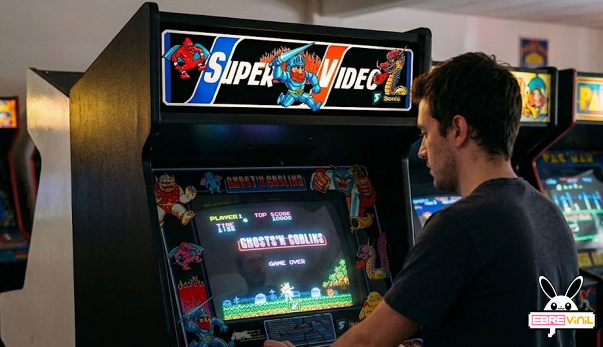Detalle vinilo marquesina arcade personajes Ghosts n Goblins armadura azul criaturas fantásticas