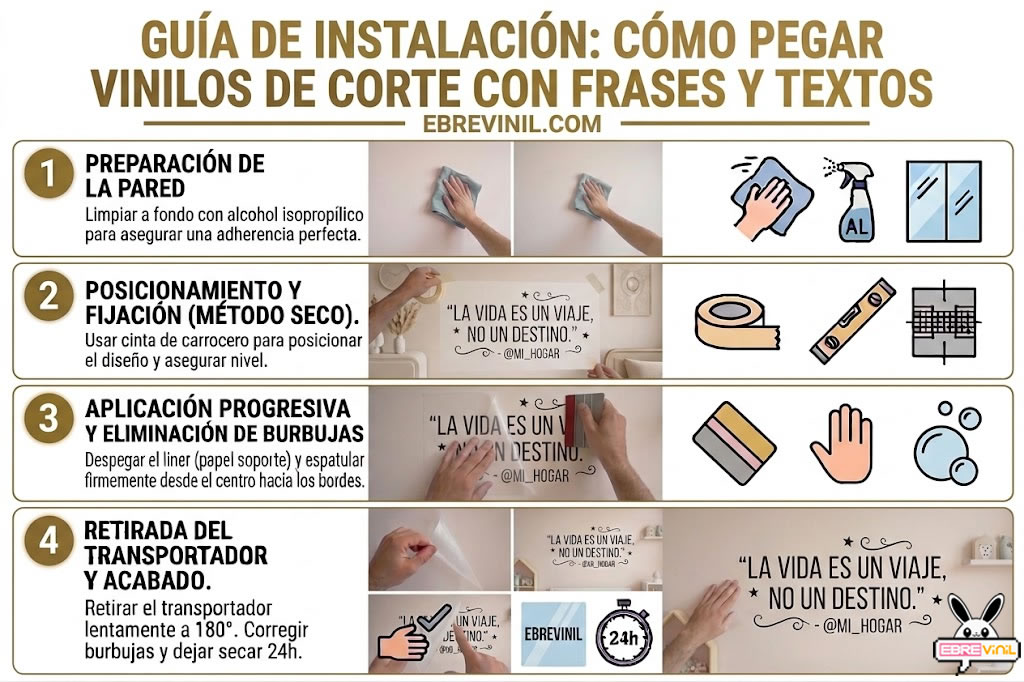 Infografía de 4 pasos en tonos dorados y modernos sobre cómo pegar un vinilo de corte con una frase motivacional en la pared