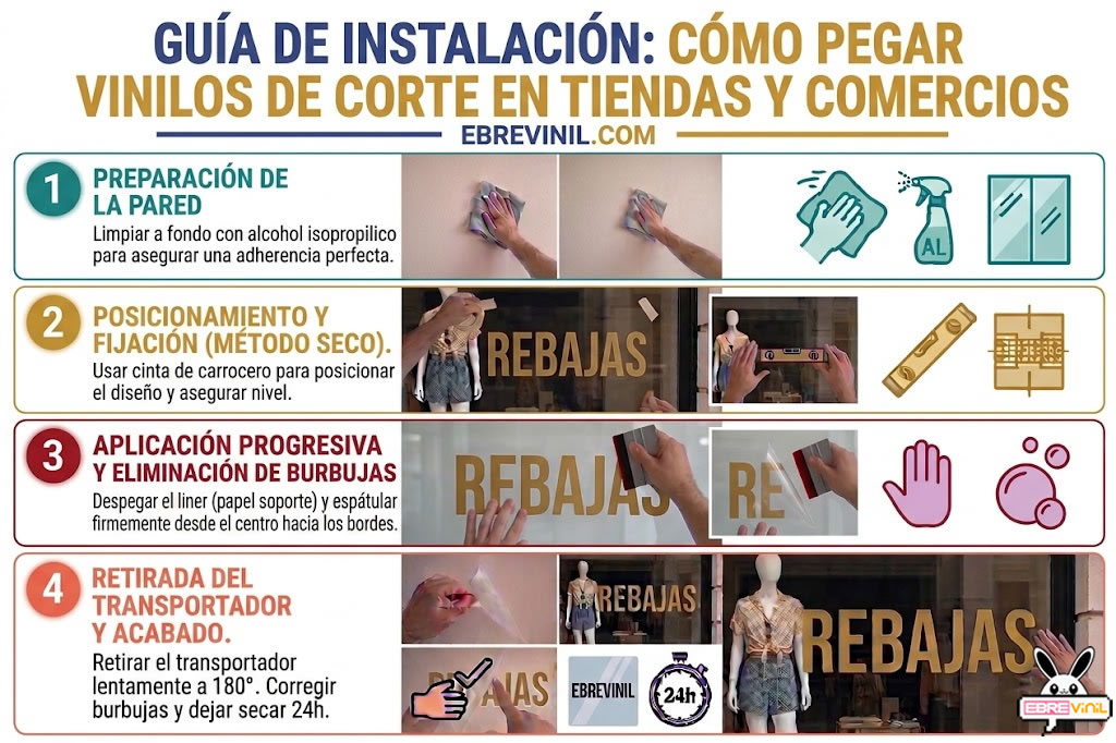 Infografía de 4 pasos con tipografía moderna sobre cómo pegar un vinilo de corte con la palabra REBAJAS en el escaparate de una tienda de ropa