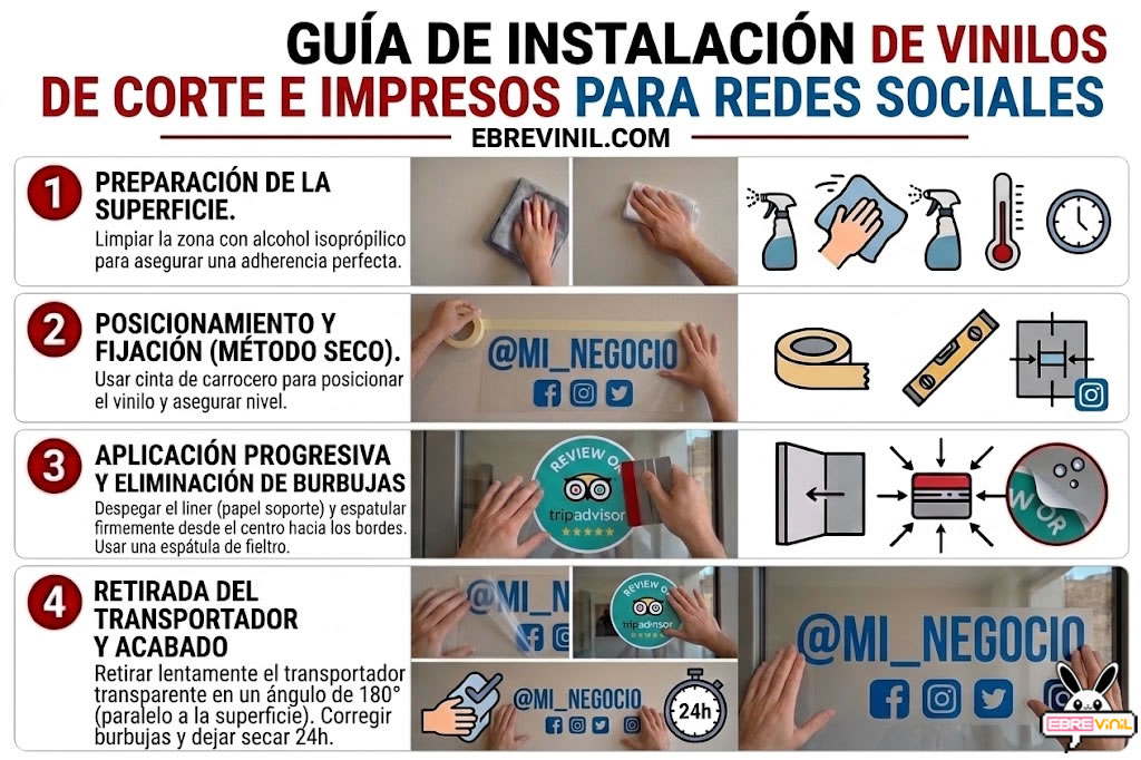 Infografía de cuatro pasos sobre cómo instalar vinilos de corte e impresos de redes sociales en escaparates