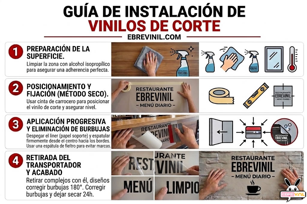 Infografía de 4 pasos para instalar un vinilo de corte de menú diario en la pared de un restaurante