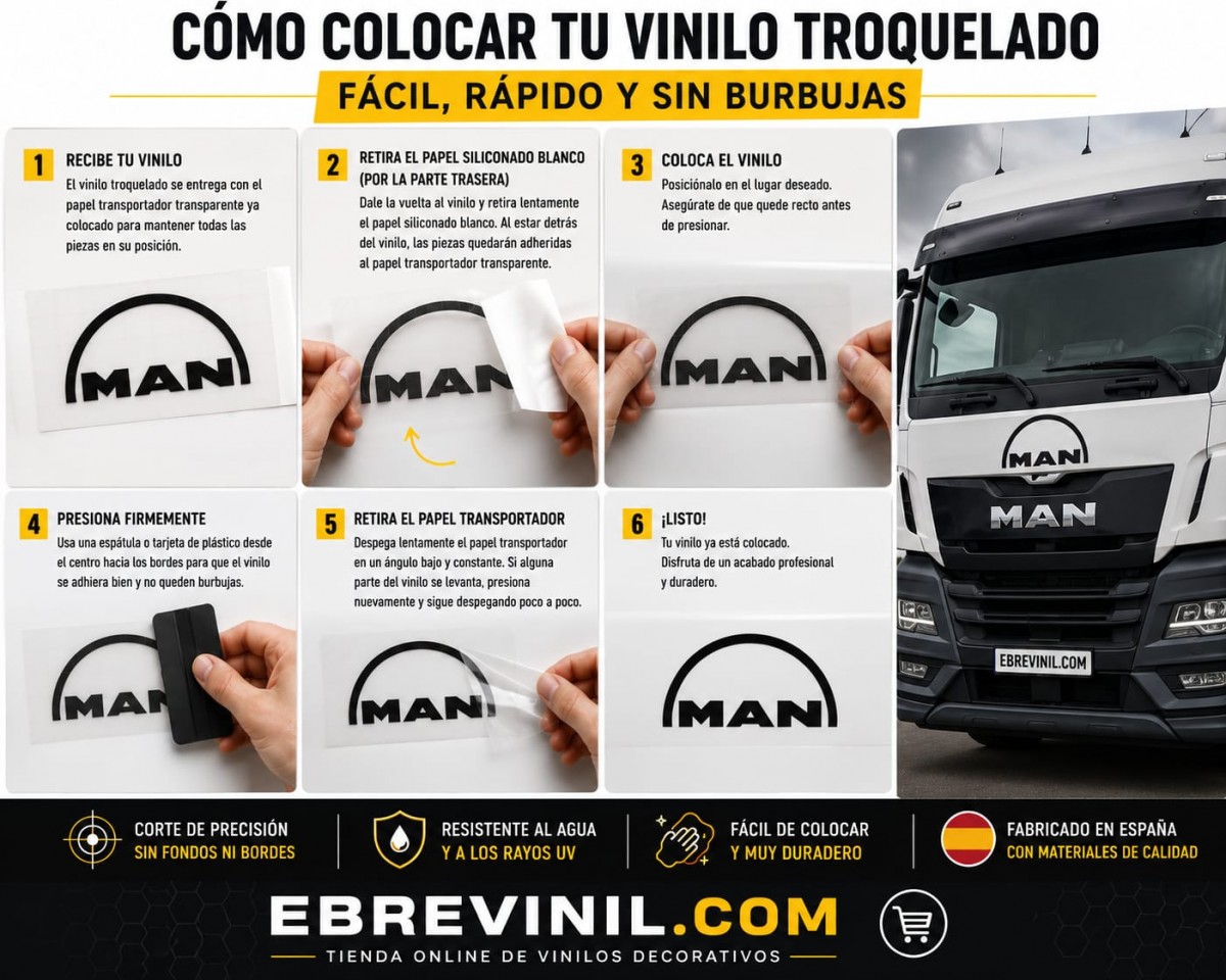Guía paso a paso para instalar vinilos adhesivos de corte en camiones MAN — limpieza de superficie con alcohol isopropílico, posicionamiento del vinilo con cinta de carrocero en la cabina, aplicación con espátula de fieltro expulsando aire, uso de pistola de calor en curvas del parachoques y retirada del papel transfer en ángulo de 45 grados