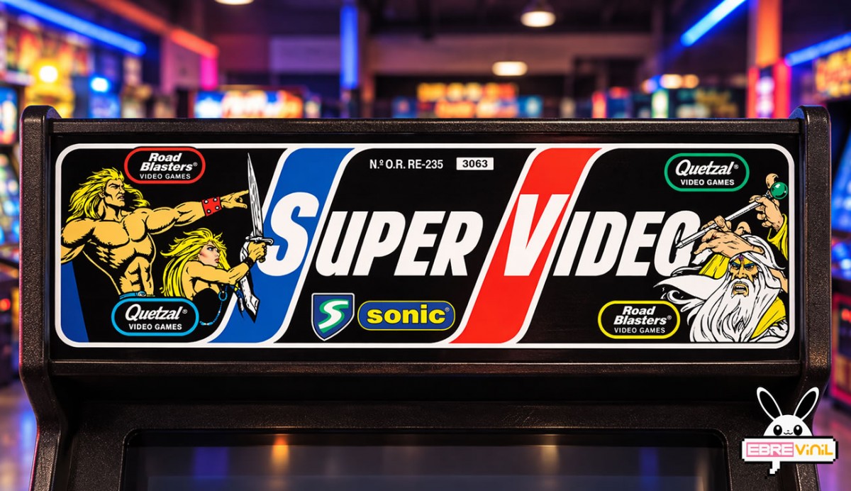 Diseño completo del vinilo adhesivo Gauntlet para marquesina de mueble arcade Super Vídeo, con gráficos de dos jugadores y logotipo Sega Sonic