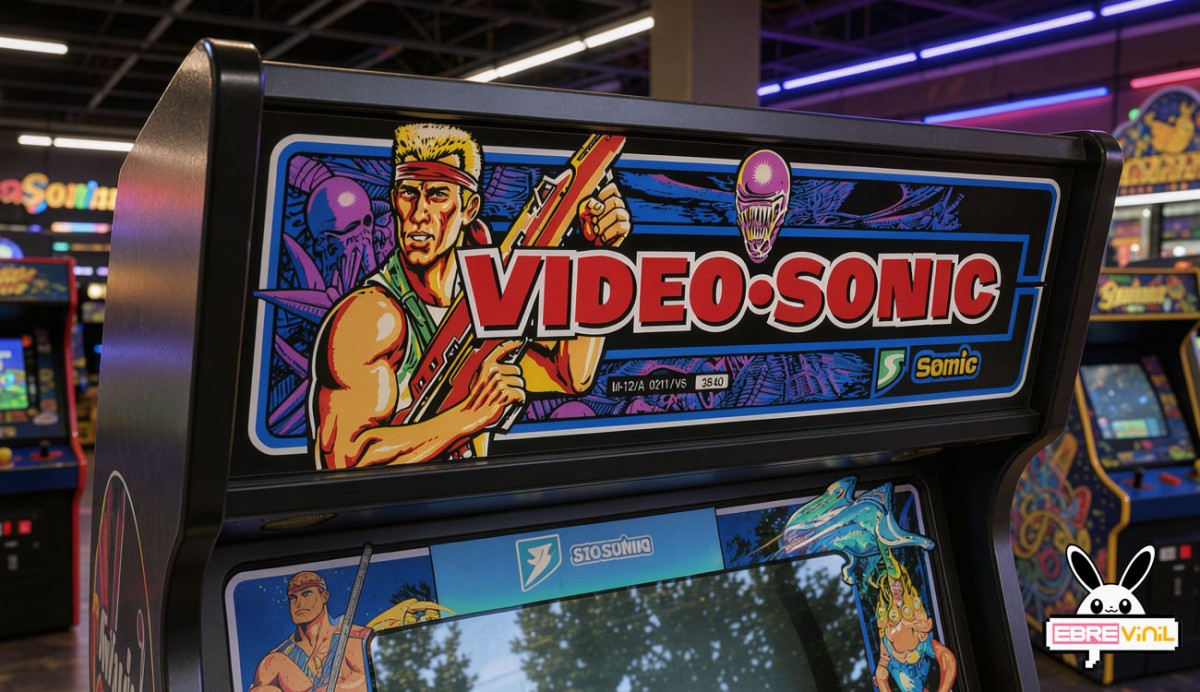 Diseño completo de la marquesina Gryzor Video Sonic con estética de arcade clásico de acción de 1987