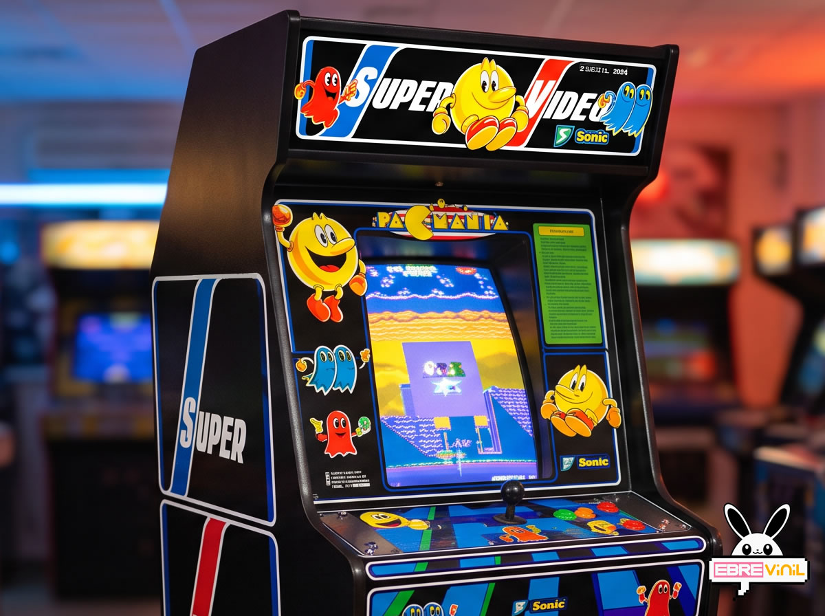 Ejemplo conceptual de marquesina Pacmanía Super Vídeo con acabado backlight retroiluminado mostrando el efecto de luz trasera