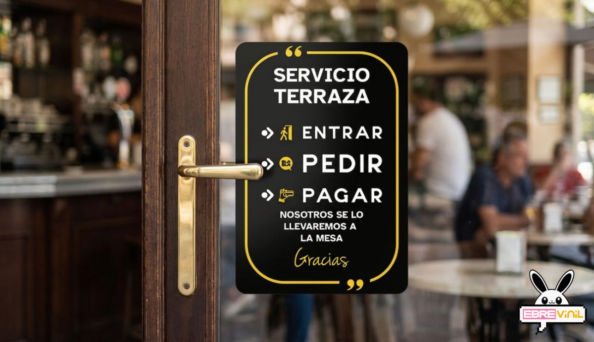 Pegatina adhesiva servicio terraza sobre mesa exterior cafetería restaurante
