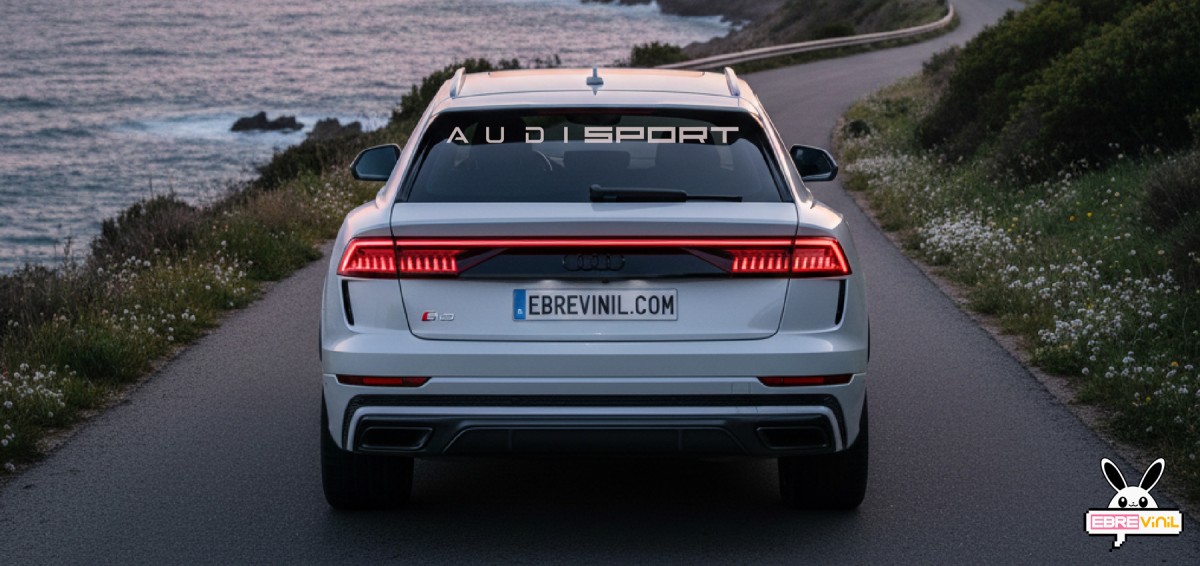 Pegatina adhesiva AUDI SPORT disponible en varios colores y tamaños, sin fondo ni transparencias, perfecta para carrocería y cristales.