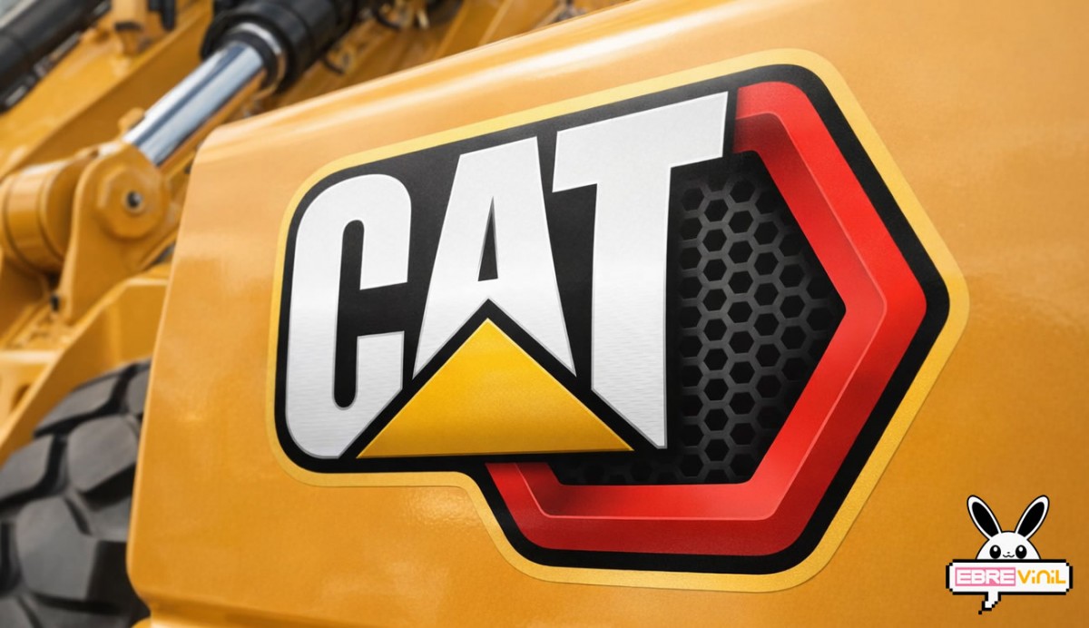 Pegatina Caterpillar impresa en lateral de excavadora en obra con laminado protector