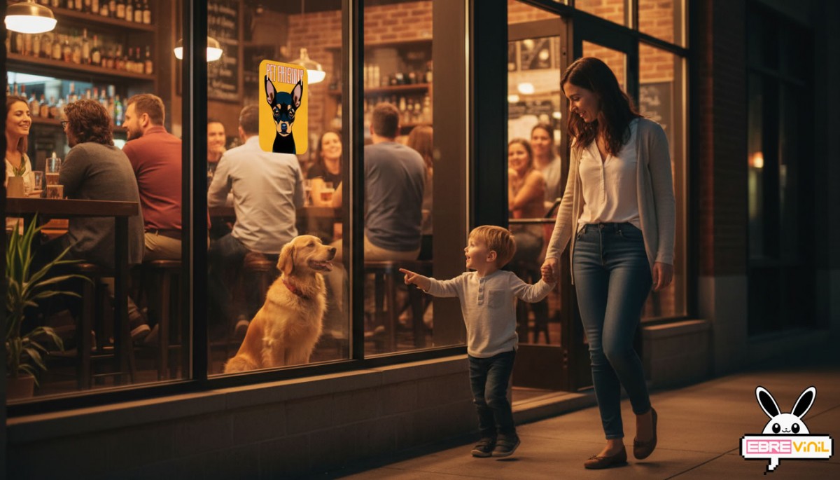 Pegatina pet friendly para comercios con imagen amigable y cercana