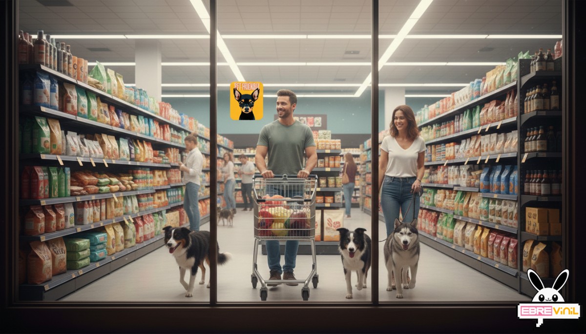 ALT: Pegatina pet friendly colocada en la puerta de entrada de un negocio