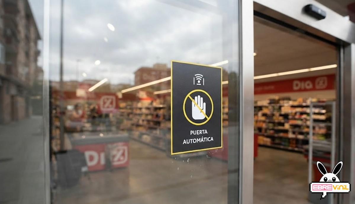 Detalle de colocación de pegatina en puerta automática de cristal en comercio