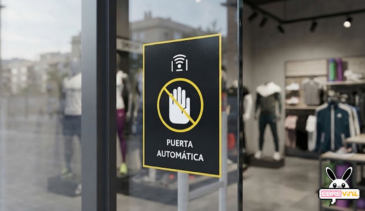 Pegatina informativa de señalización para puerta automática con símbolo de prohibición y texto puerta automática