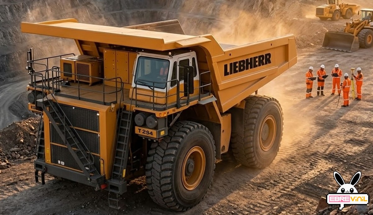 Rótulo adhesivo LIEBHERR en lateral de grúa móvil y camión de flota