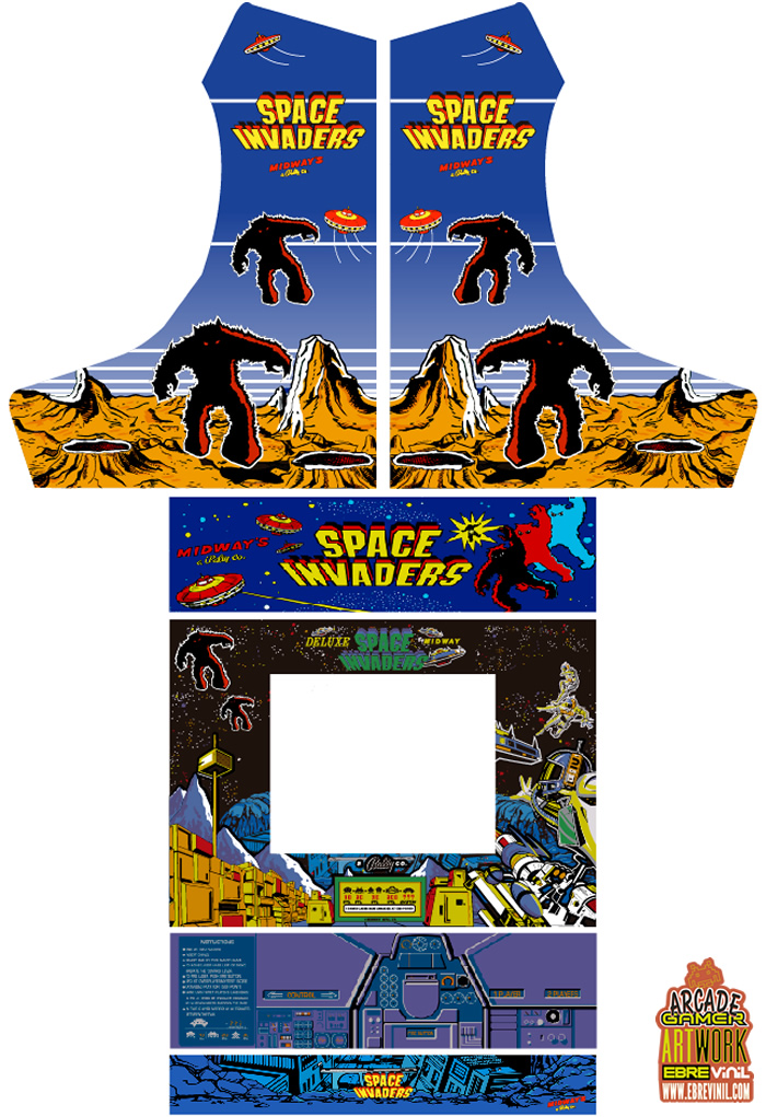 artes finales con las gráficas originales del arcade space invaders impresas en vinilo