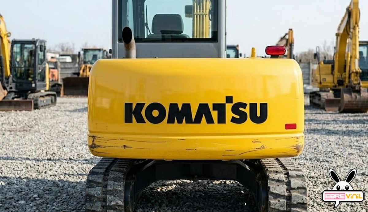 Sticker logo Komatsu troquelado en varios colores sobre chapa de maquinaria