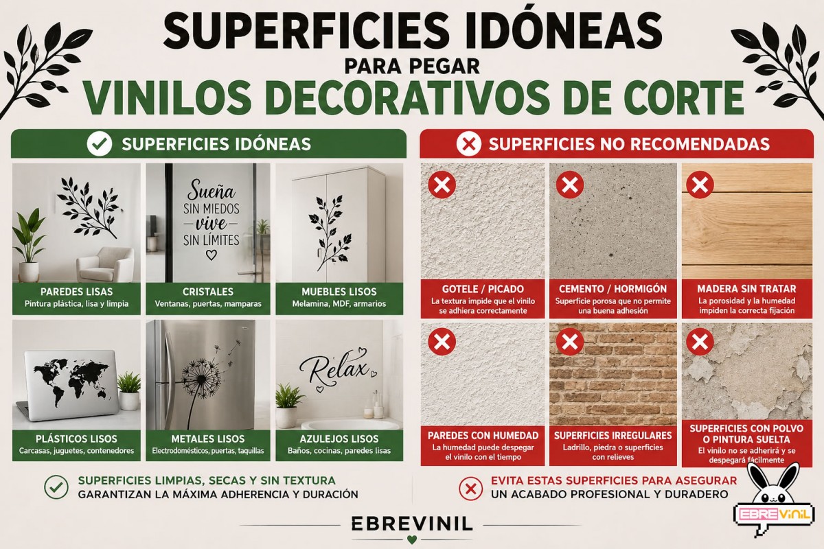 Infografía sobre superficies recomendadas y no recomendadas para pegar vinilos decorativos de corte
