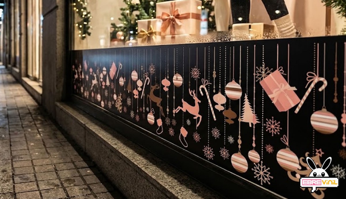 Tira vinilo navideño rosa dorado renos bolas regalos escaparate tienda