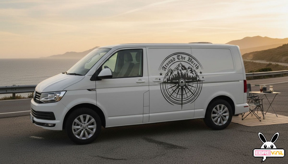 Vinilo adhesivo personalizado aplicado en lateral de furgoneta camper