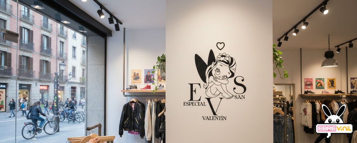 Vinilo adhesivo para tiendas y comercios con diseño divertido y romántico, campaña San Valentín