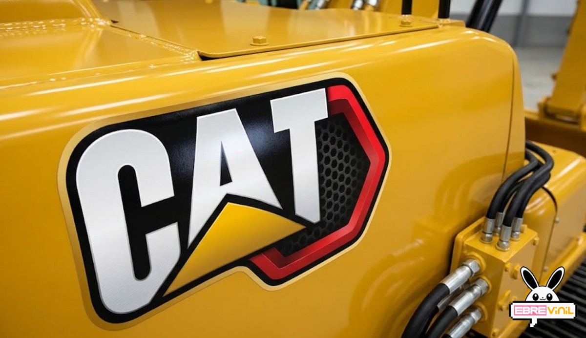 Vinilo CAT en cascos y cajas de herramientas de taller de maquinaria pesada