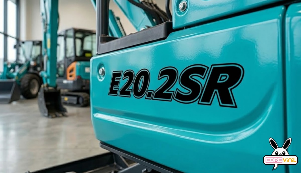 Pegatina rótulo E20.2SR en vinilo de corte sin fondo sobre carrocería de miniexcavadora Kobelco