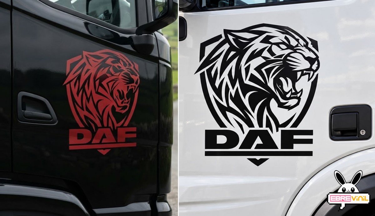 Vinilo de corte DAF con diseño de felino rugiente y logotipo DAF para personalización de camiones