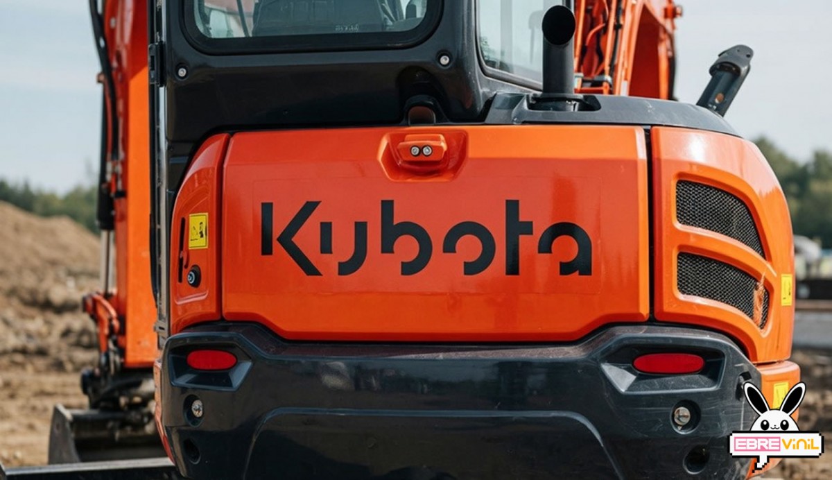 Pegatina logo Kubota en vinilo de corte sin fondo sobre capó naranja de tractor