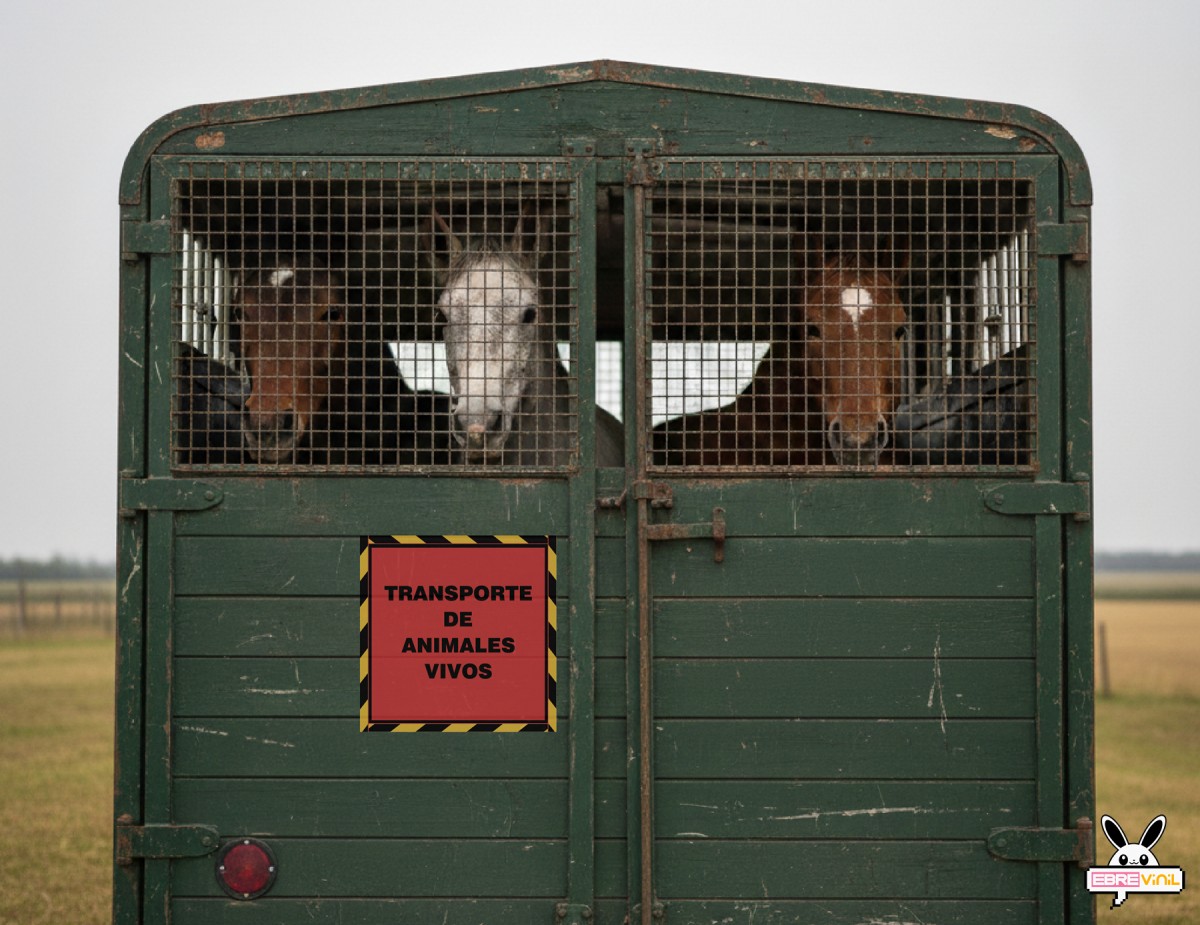 Vinilo cuadrado con fondo rojo y franjas diagonales negras y amarillas, para advertir del transporte de animales vivos.