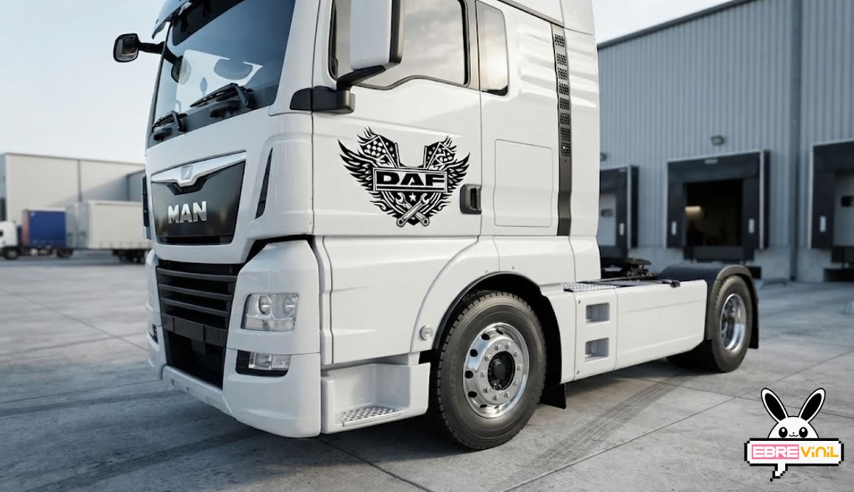 Vinilo DAF con alas aplicado en lateral de cabina de camión DAF
