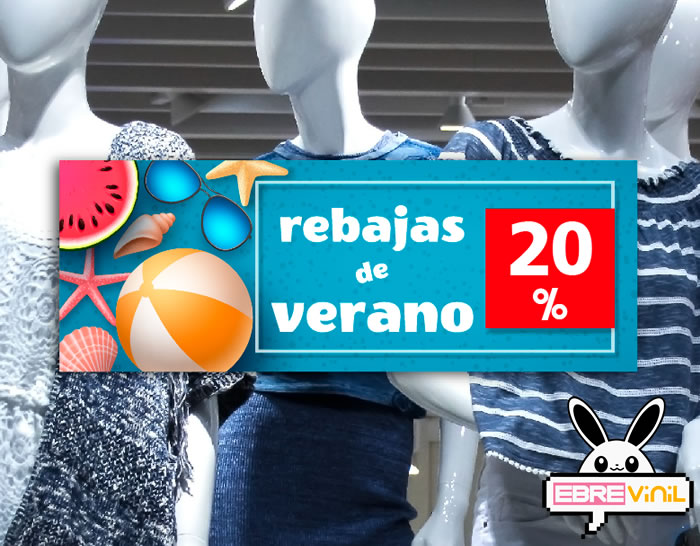 Cartel impreso sobre vinilo adhesivo especial tiendas y comercios "REBAJAS DE VERANO"