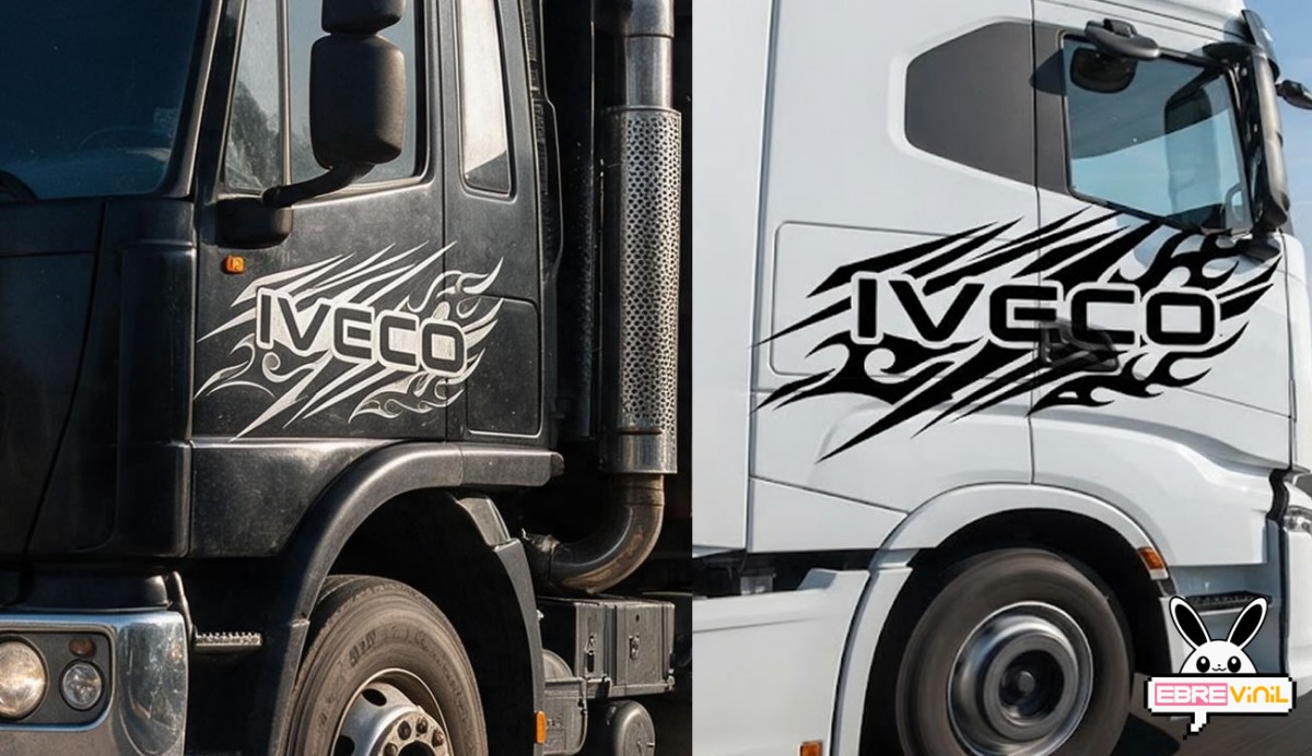 Vinilo Iveco tribal aplicado en lateral de cabina de camión Iveco