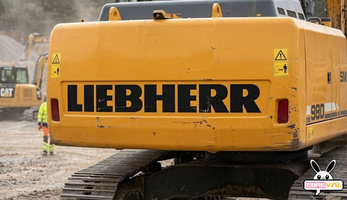 Vinilo LIEBHERR en varios colores sobre cascos y cajas de herramientas de obra