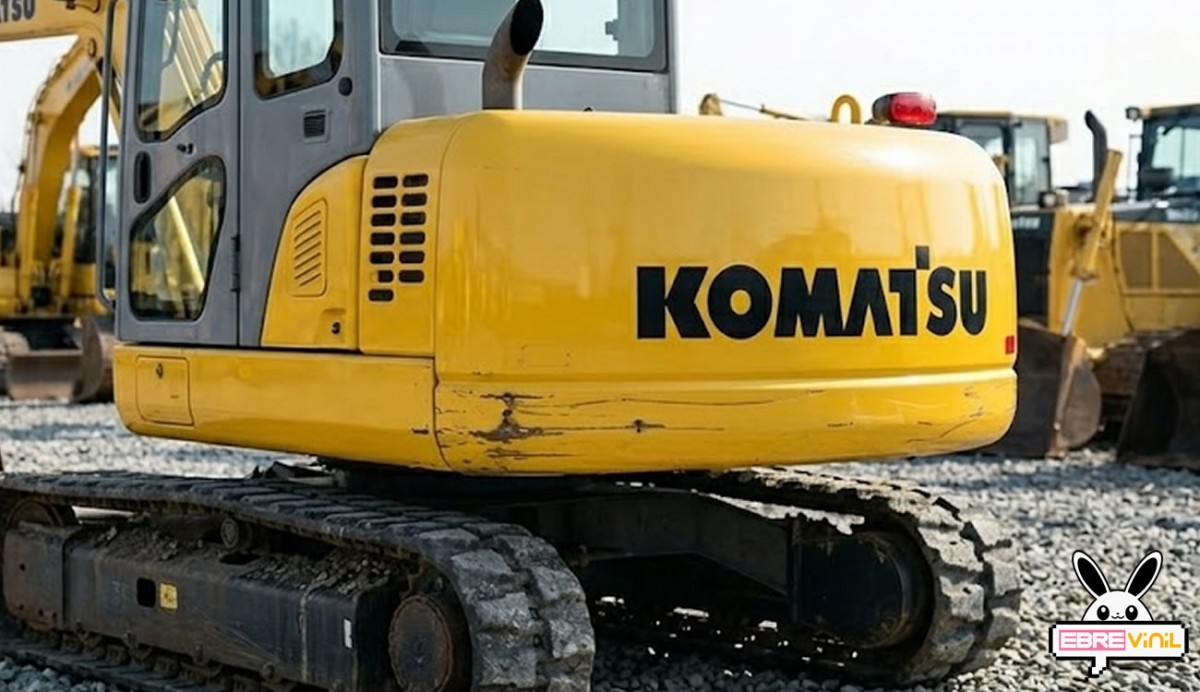 Vinilo adhesivo logo Komatsu sin fondo integrado en carrocería de pala cargadora