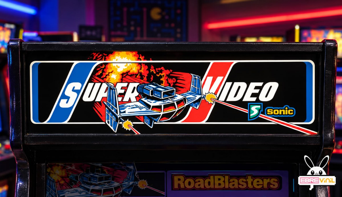 Detalle de impresión profesional en vinilo para marquesina arcade Road Blasters Super Video con colores intensos