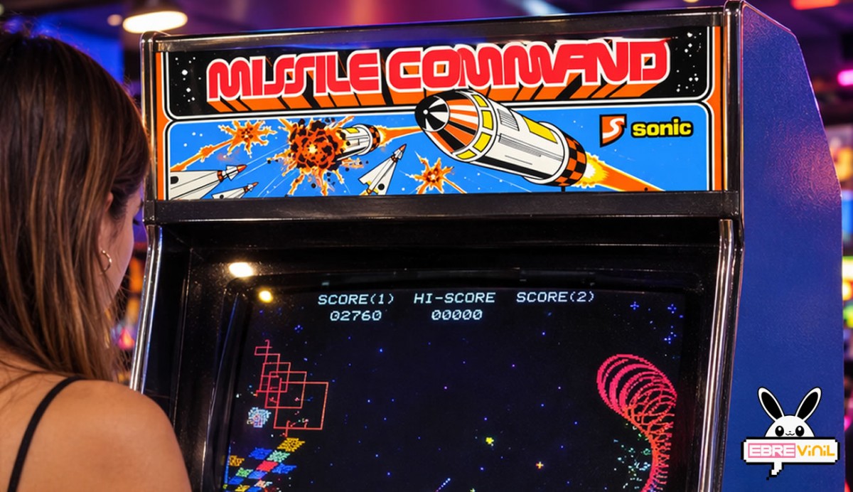 Detalle de la gráfica Missile Command aplicada sobre superficie de metacrilato transparente mostrando la calidad de impresión