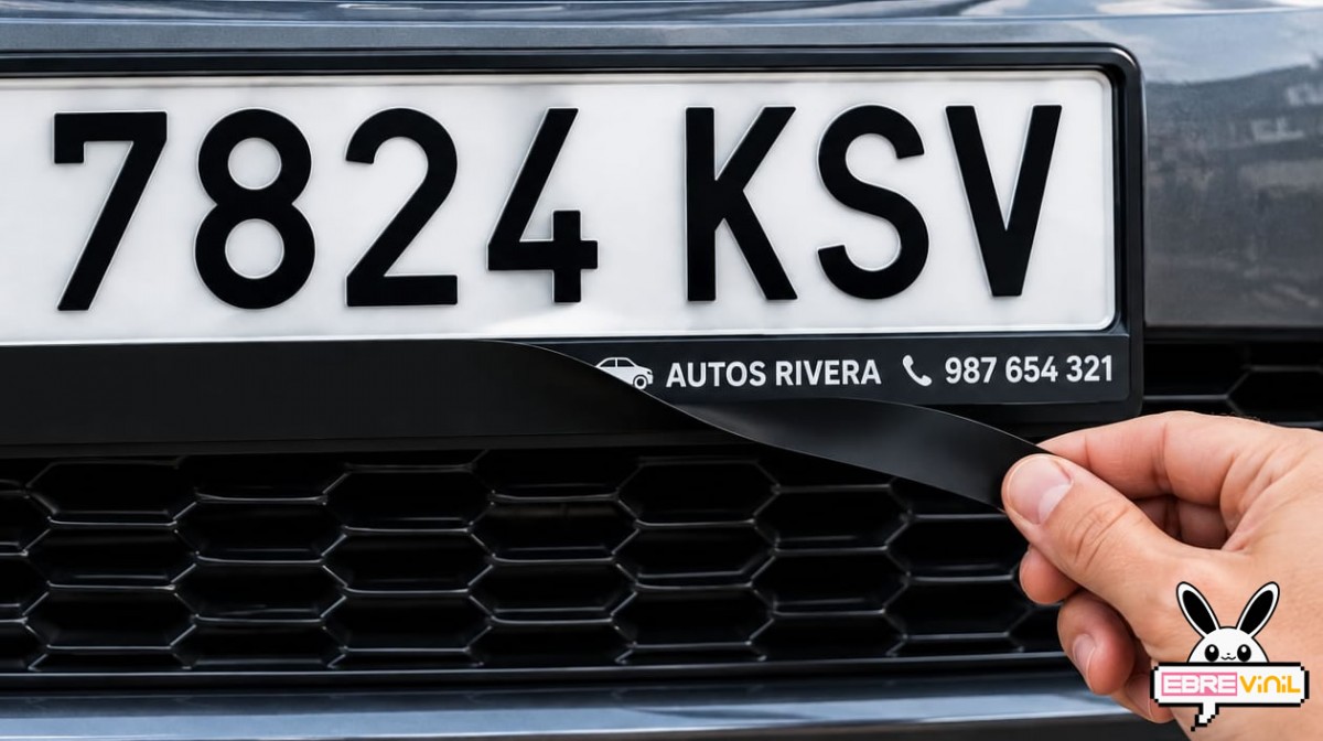Vinilo de corte aplicado en la zona inferior del portamatrículas de un coche, cubriendo la publicidad del concesionario