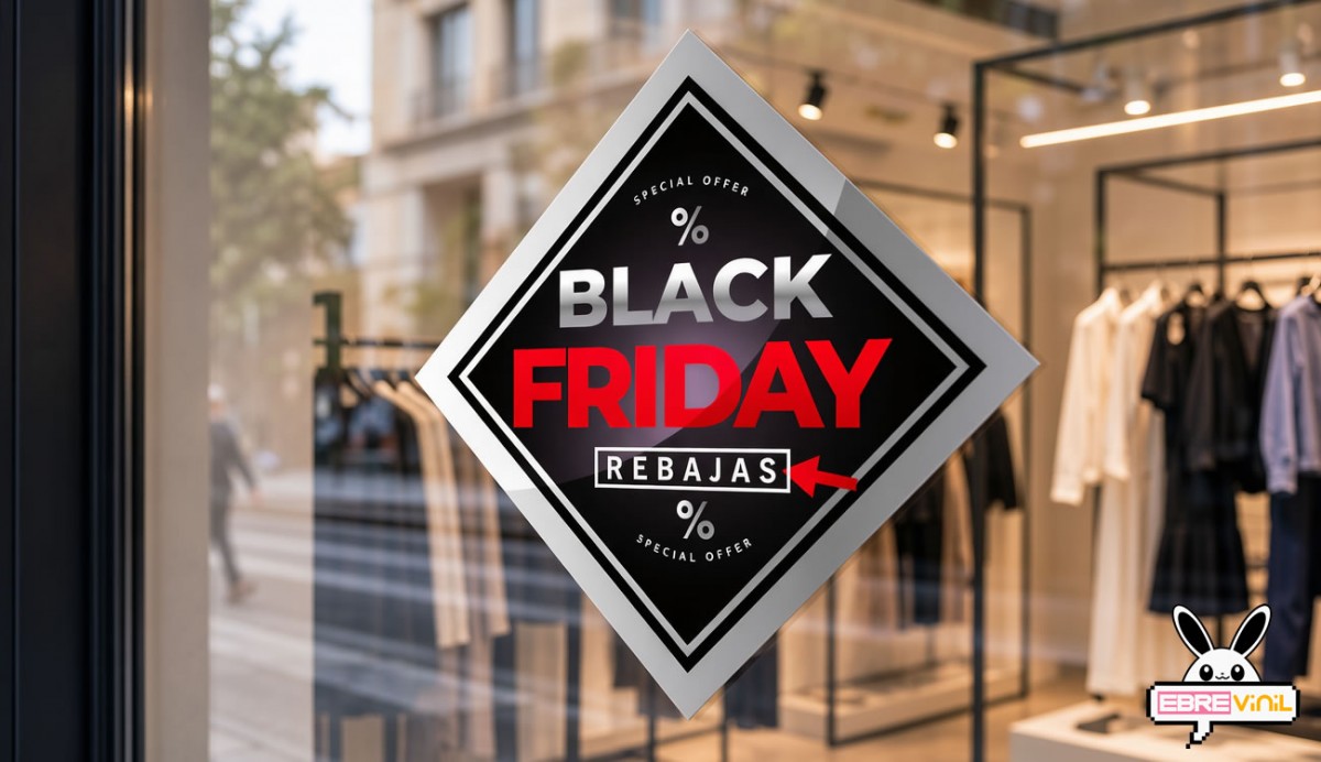 Vinilo Black Friday romboidal instalado escaparate tienda comercial descuentos