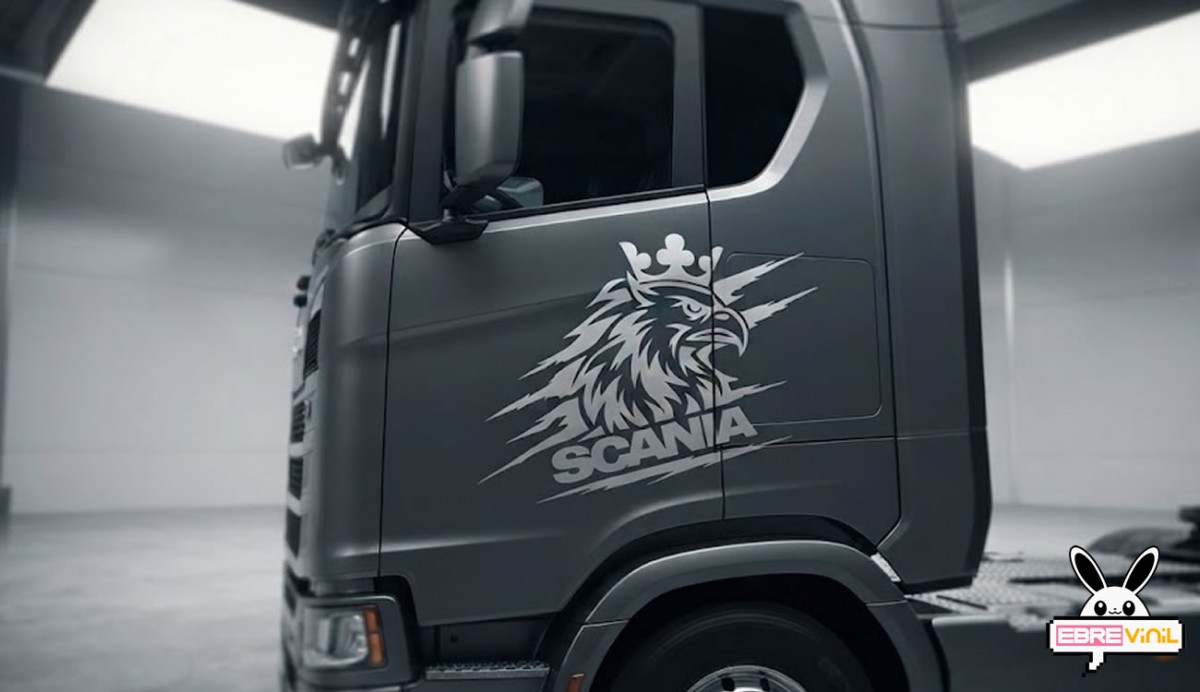 Vinilo Scania águila coronada aplicado en lateral de cabina de camión Scania