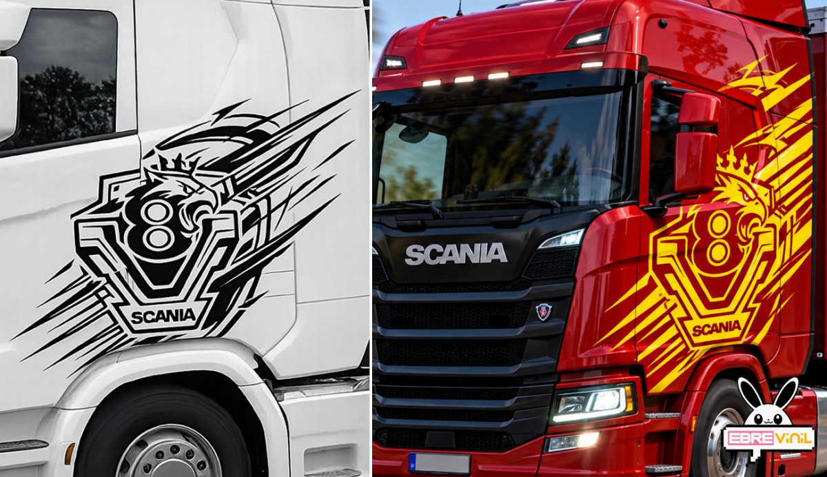 Detalle de vinilo de corte Scania aplicado en lateral de camión