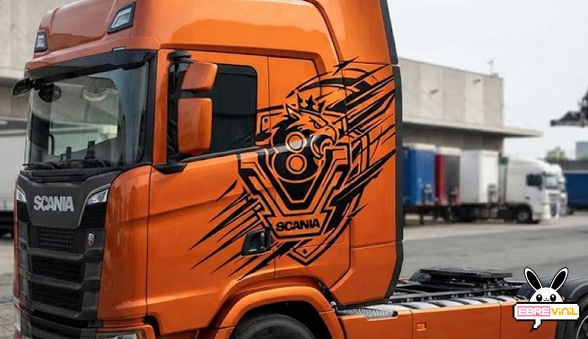 Vinilo de corte Scania V8 con diseño deportivo, número 8 y león coronado con líneas dinámicas