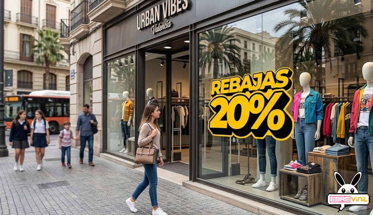 Vinilo adhesivo troquelado REBAJAS con porcentaje personalizado en amarillo y negro en el escaparate de una tienda de ropa