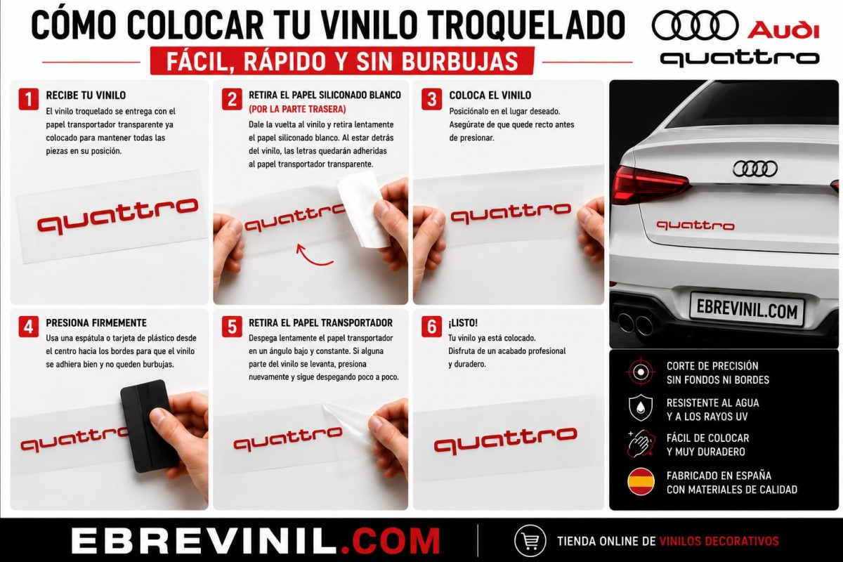 Vinilo adhesivo de corte con los cuatro aros de Audi instalado en el cristal trasero de un coche, visto desde el exterior, acabado profesional sin fondo visible con el diseño integrado en la luneta